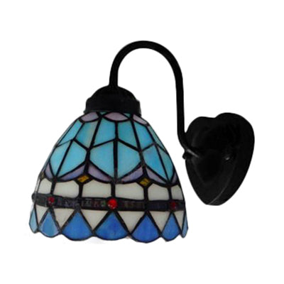 Dome Blue Glass Sconce Light Fixture Baroque 1 Head Black Wall Mounted Light for Living Room
