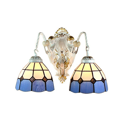 White 2 Heads Sconce Lighting Tiffany White-Blue Glass Grid Patterned Wall Mount Light