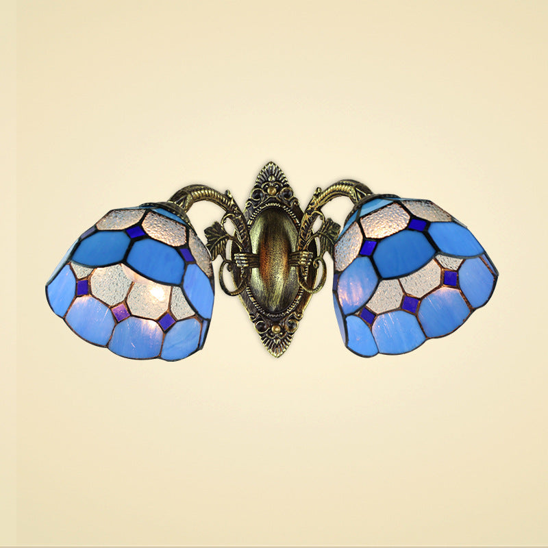 Dome Shade Wall Sconce Industrial Vintage Stained Glass 2 Heads Wall Fixture Light in Blue