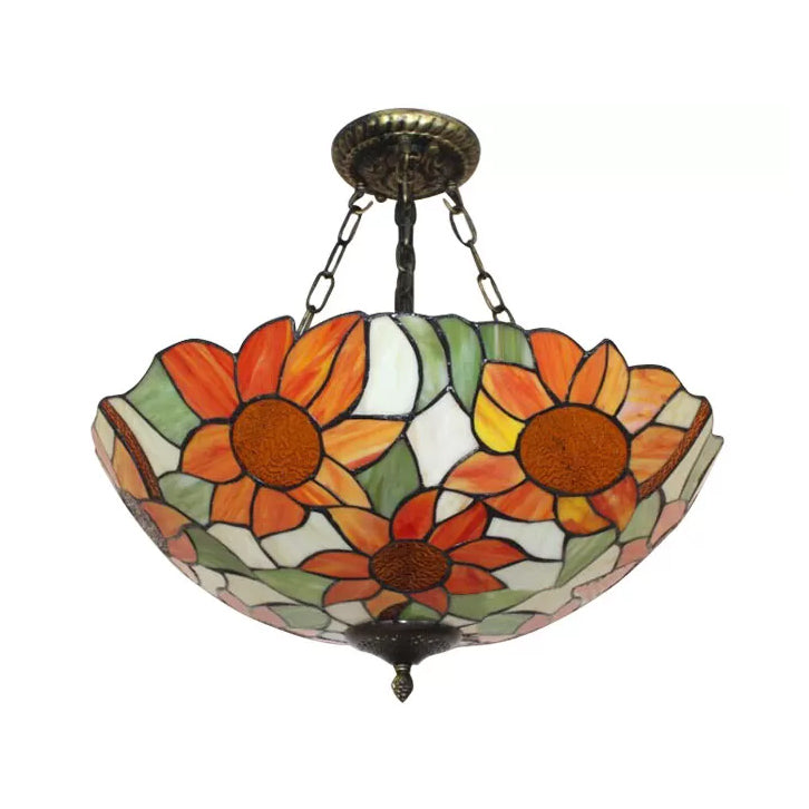 Bedroom Ceiling Light Tiffany, Sunflower Semi Flush Light with Rod and Stained Glass Shade