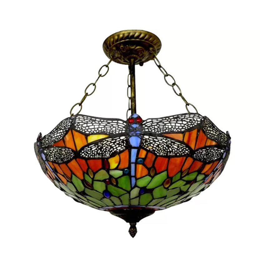 LED de iluminación de techo de estilo barroco, luz de semi-descarga de dragonfly en latón envejecido con sombra de vidrio manchado para dormitorio