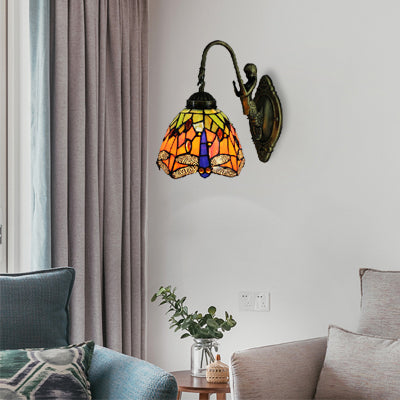 Orange Dome Sconce Light Baroque 1 Head Stained Glass Wall Light Fixture with Dragonfly Pattern
