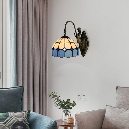 Blue Dome Sconce Light Mediterranean 1 Head White Glass Wall Mount Light with Mermaid Decoration