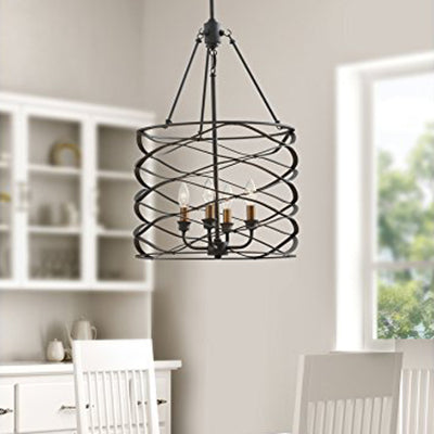 Black Cylindrical Hanging Lamp with Cage Shade Industrial Iron 4 Bulbs Dining Room Chandelier Light Fixture
