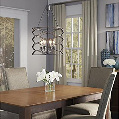 Black Cylindrical Hanging Lamp with Cage Shade Industrial Iron 4 Bulbs Dining Room Chandelier Light Fixture