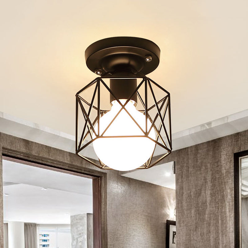 Black Hexagon Cage Flush Mount Lighting Modern Iron 1 Bulb Kitchen Flushmount Ceiling Lamp