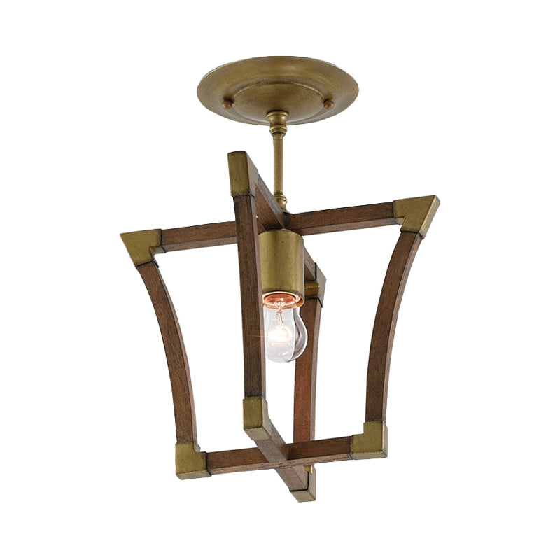 1-Bulb Semi Flush Ceiling Light Rustic Living Room Flush Mount with Wood Interlocking Trapezoid Cage in Brass