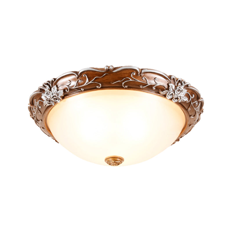 Milky Glass Brown Ceiling Lamp Semi-Spherical 3 Bulbs Countryside Flush Mount Lighting with Flower Pattern