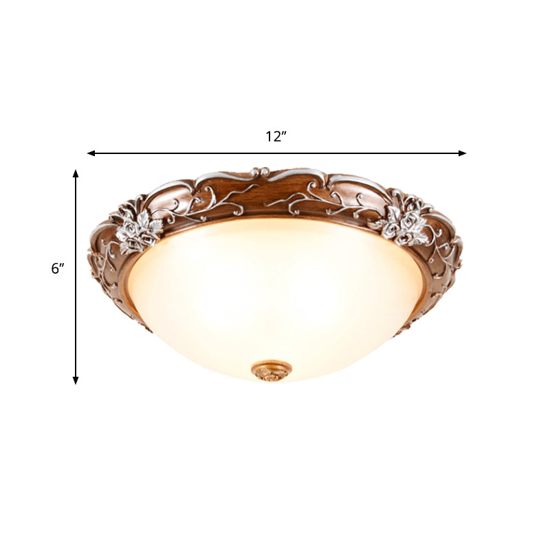 Milky Glass Brown Ceiling Lamp Semi-Spherical 3 Bulbs Countryside Flush Mount Lighting with Flower Pattern