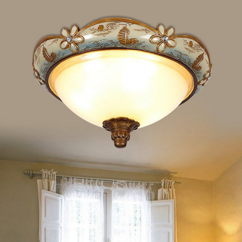 Blue-White Single Light Flush Mount Vintage Opaline Glass Dome Ceiling Lamp with Bloom Decoration