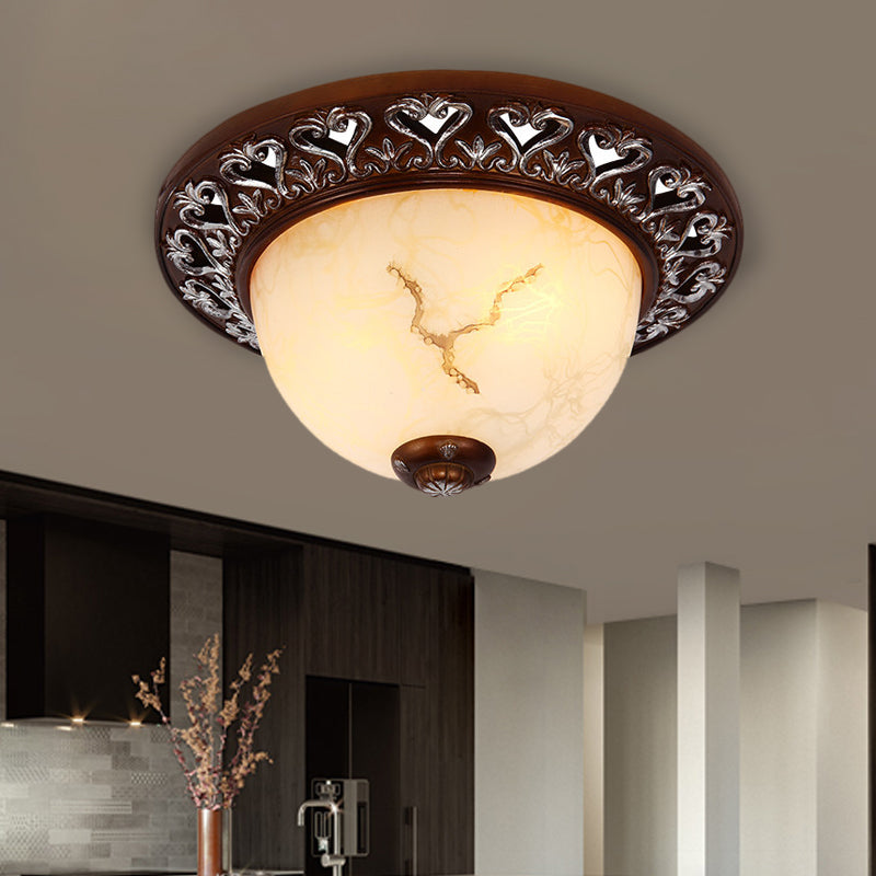 Retro Bowl-Like Flush Mounted Light 2/3/4-Bulb Crackle Glass Ceiling Fixture in Coffee for Balcony, 12"/16"/19.5" W