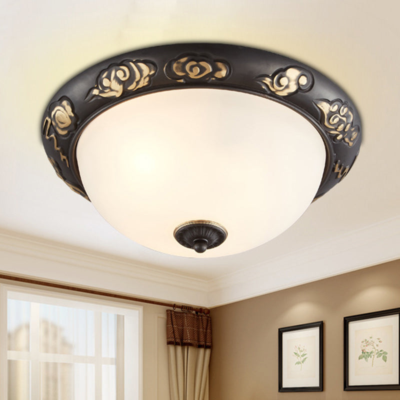 15"/19.5" Wide Milk Glass Black-Gold Ceiling Lamp Dome Shape 3/4 Lights Retro Flush Mount Fixture for Bedroom