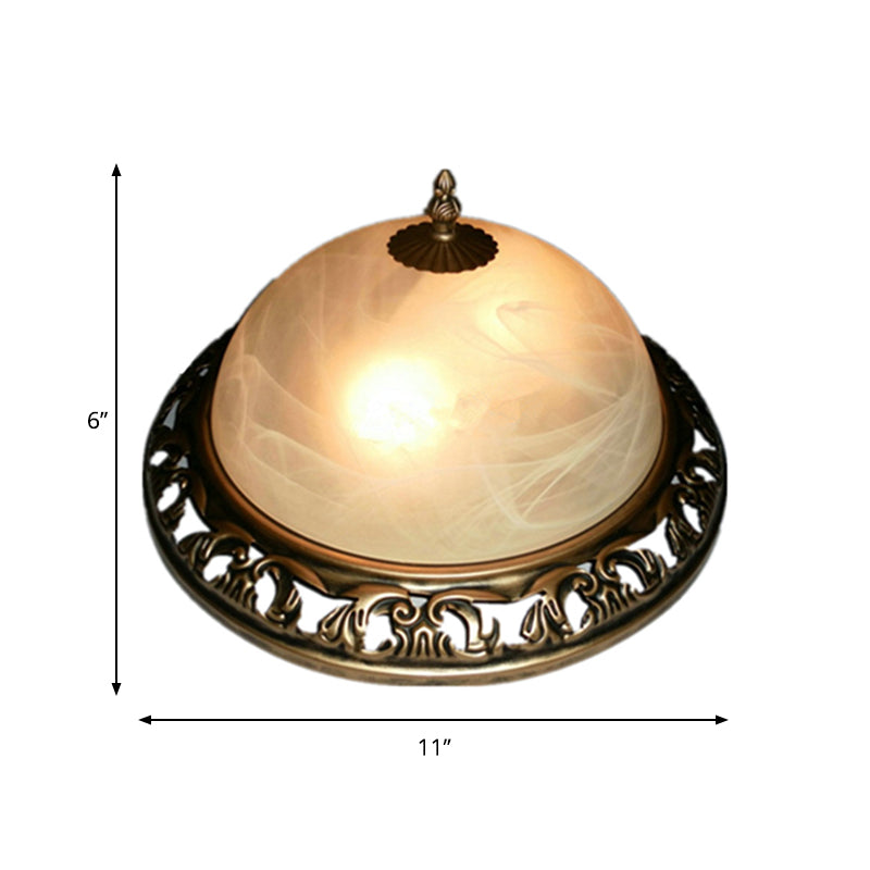 Brass 2 Lights Ceiling Lighting Fixture Traditional Crackle Glass Semi-Orb Flush Mount Lamp for Dining Room