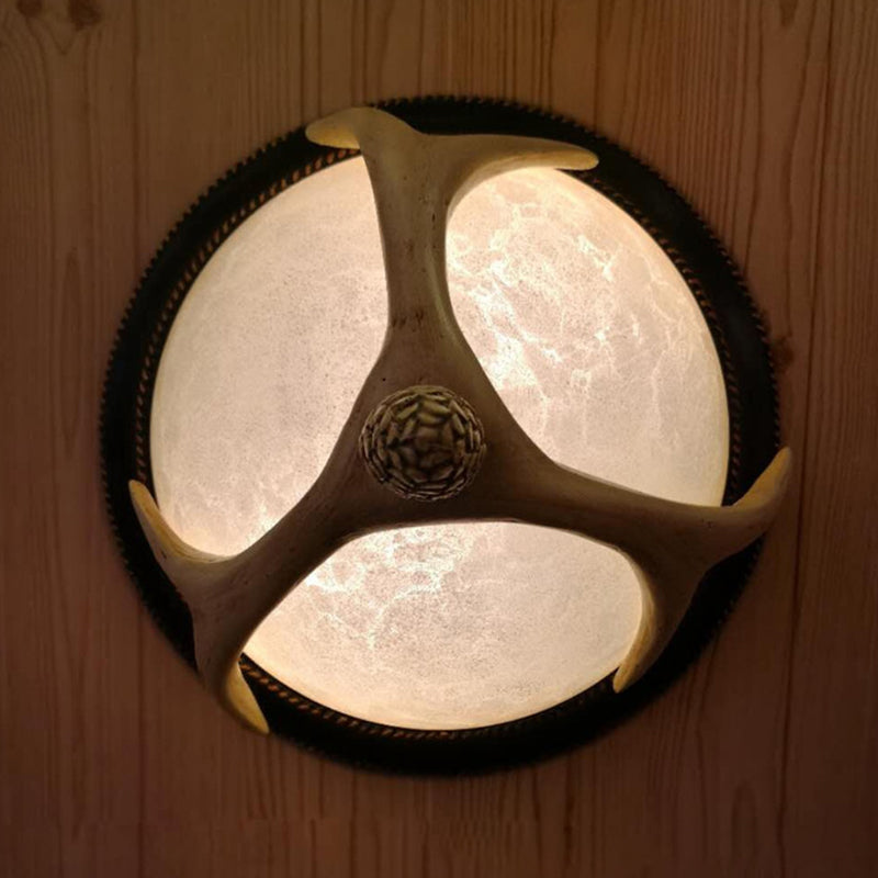 2-Head Semi-Ball Flush Mount Lighting Classic Wood Resin Ceiling Fixture with Antler Deco for Bedroom