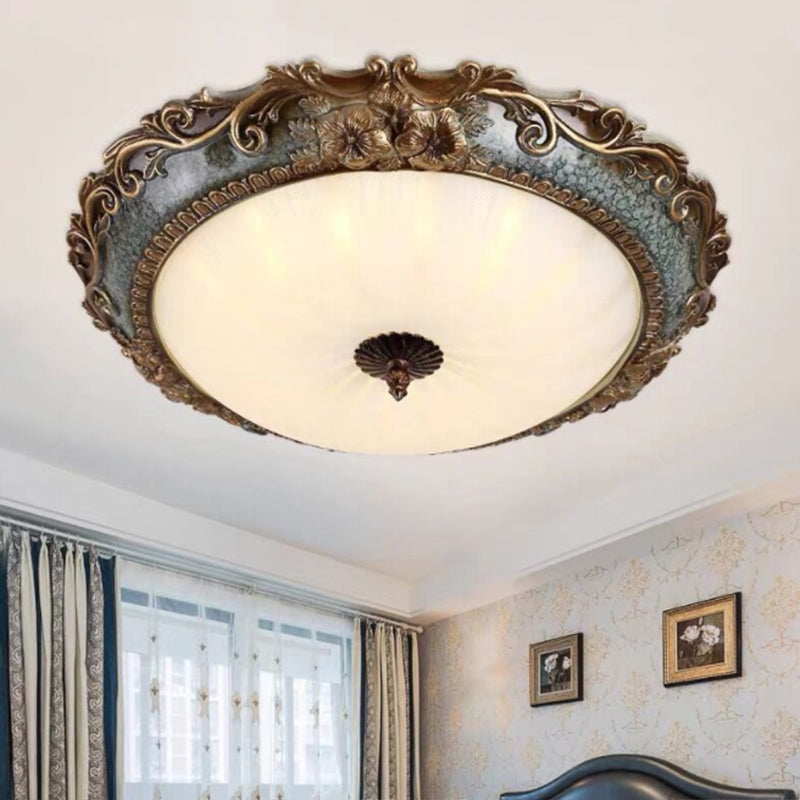 Resin Brass Flush Mount Lighting Round Shape 12"/16"/19.5" W 2/3-Light Rustic Ceiling Lamp with Floral Pedestal