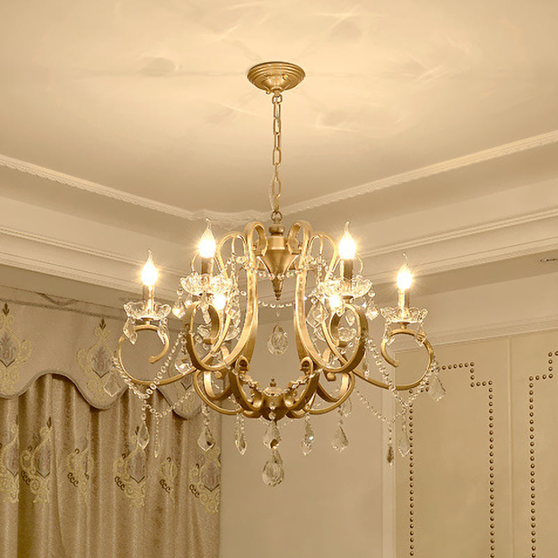 Gold 6 Bulbs Scroll Chandelier Light Fixture Traditional Crystal Swag Ceiling Suspension Lamp
