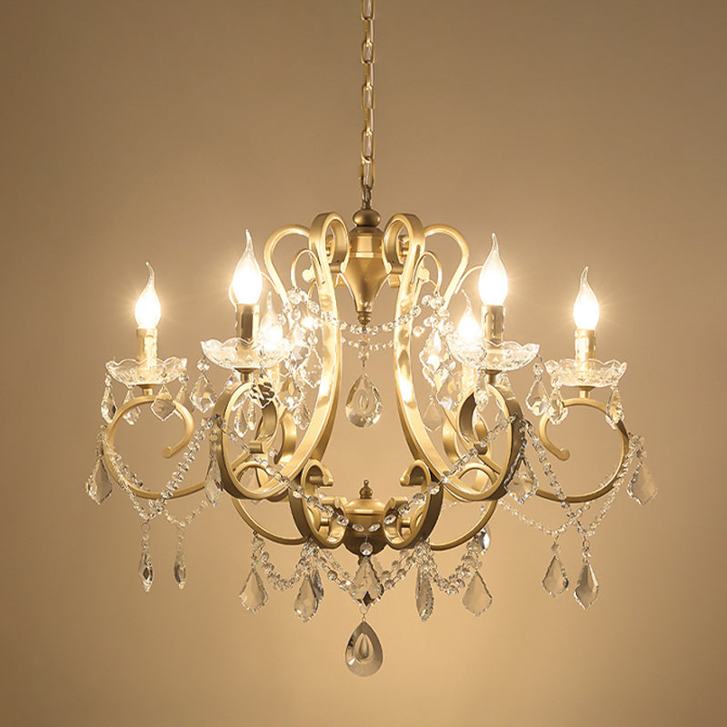 Gold 6 Bulbs Scroll Chandelier Light Fixture Traditional Crystal Swag Ceiling Suspension Lamp