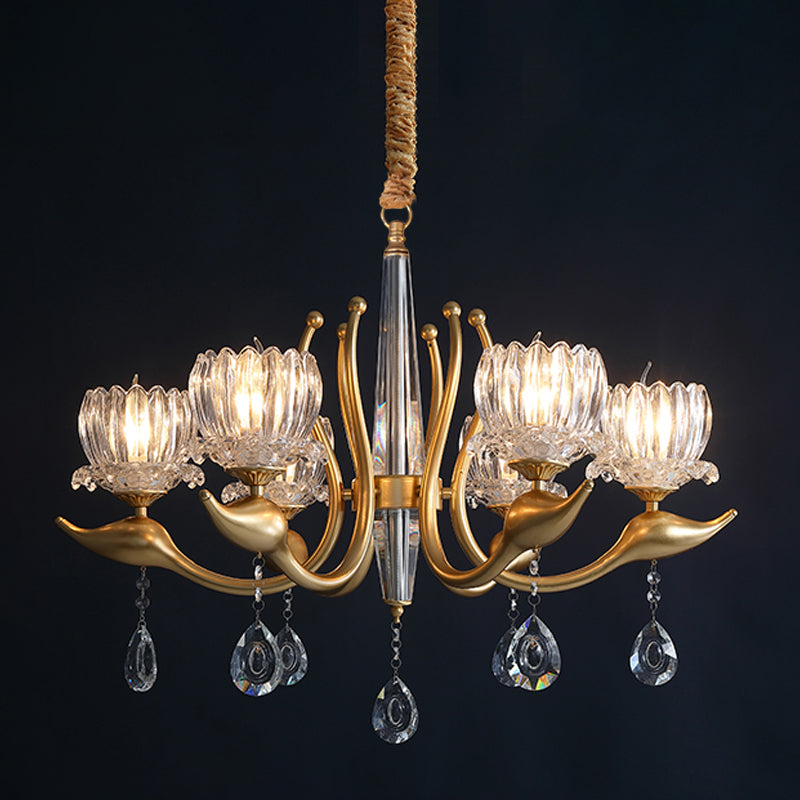 6-licht Lotus Shade Pendulum Licht Traditionele goudafwerking Duidelijke kristal hanger kroonluchter