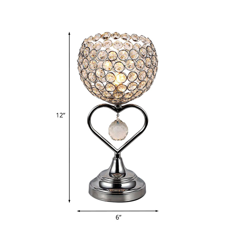Chrome Domed Night Lamp Modernist 1-Light Crystal Encrusted Table Light with Loving Heart Detail