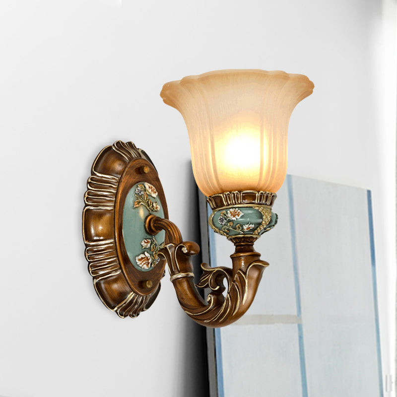 Fluted Glass Floral Wall Light Fixture Vintage 1/2-Head Bedside Wall Mount Lighting in Brown