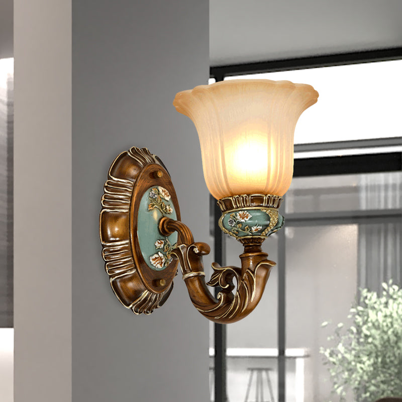 Fluted Glass Floral Wall Light Fixture Vintage 1/2-Head Bedside Wall Mount Lighting in Brown