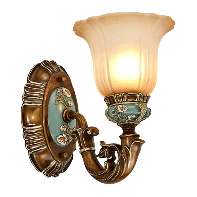 Fluted Glass Floral Wall Light Fixture Vintage 1/2-Head Bedside Wall Mount Lighting in Brown