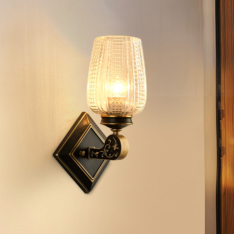 Prismatic Glass Cup-Like Sconce Light Minimalism 1 Bulb Living Room Wall Mounted Lamp with Rhombus Backplate in Black and Gold