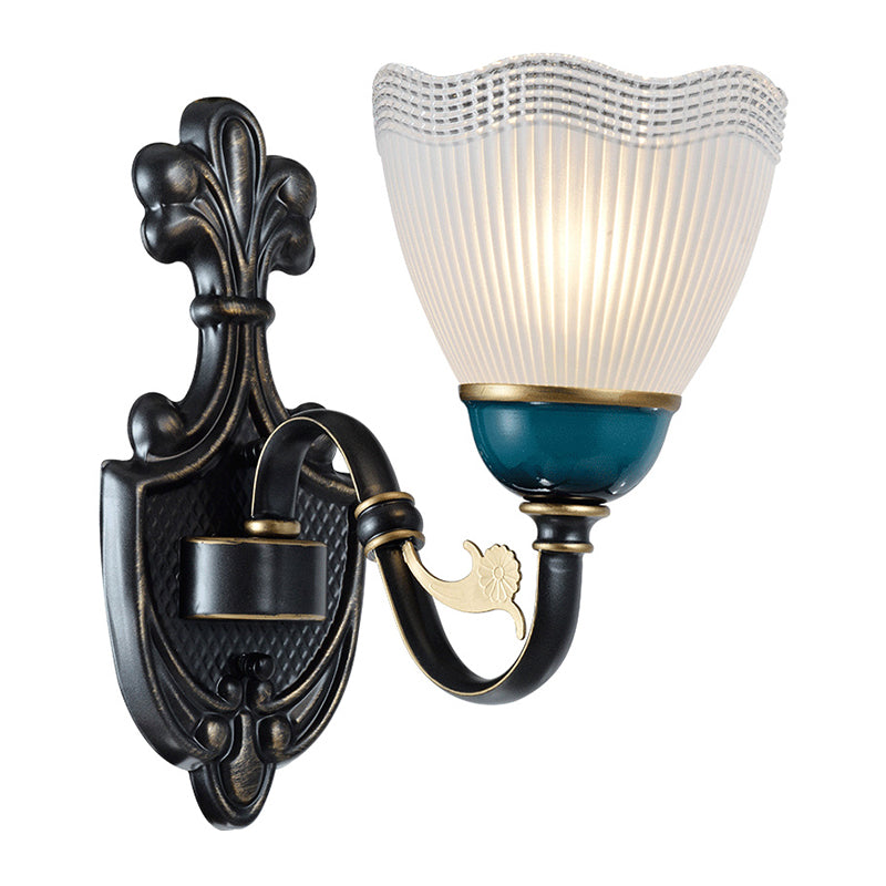 1/2-Head Scalloped Pleated Wall Mount Lamp Traditional Black Ribbed Glass Sconce Light with Curvy Arm