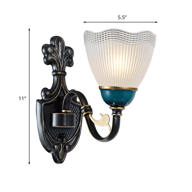 1/2-Head Scalloped Pleated Wall Mount Lamp Traditional Black Ribbed Glass Sconce Light with Curvy Arm