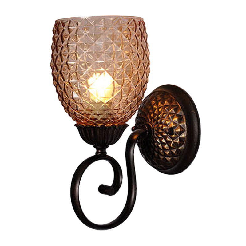 Dome Lattice Glass Sconce Light Fixture Classic 1-Bulb Living Room Wall Lamp with Scrolled Arm in Black
