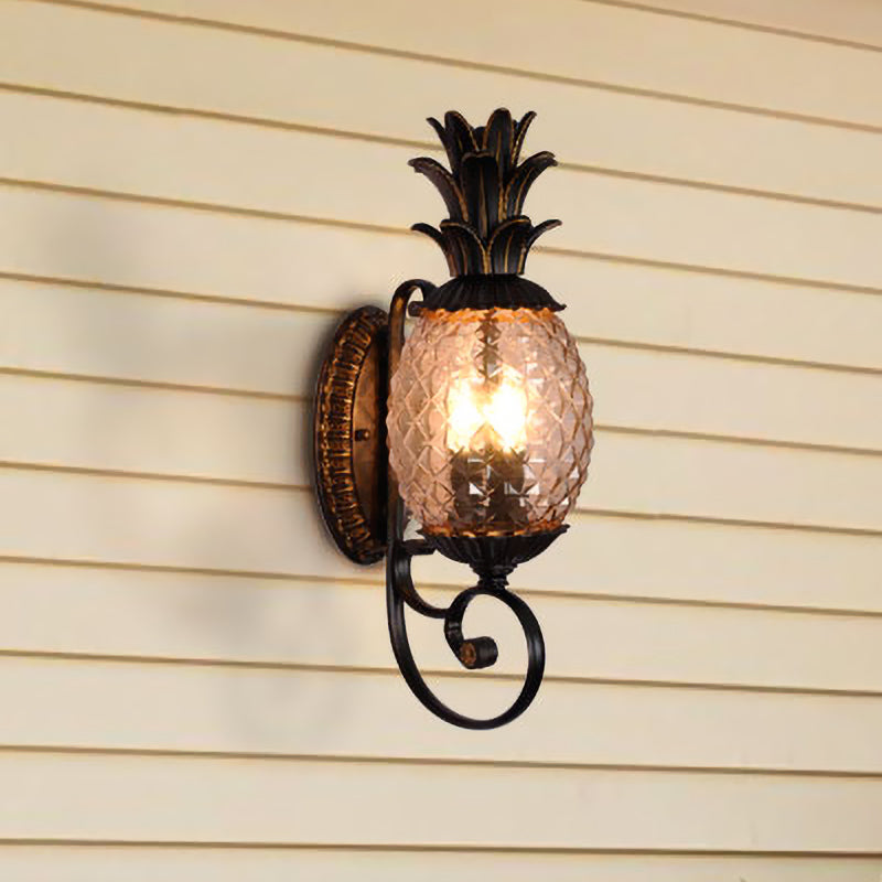 Black 3-Light Wall Sconce Vintage Lattice Glass Pineapple Shape Wall Mount Lighting with Swirled Arm