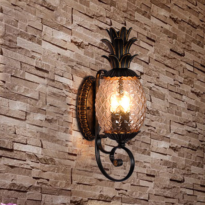 Black 3-Light Wall Sconce Vintage Lattice Glass Pineapple Shape Wall Mount Lighting with Swirled Arm