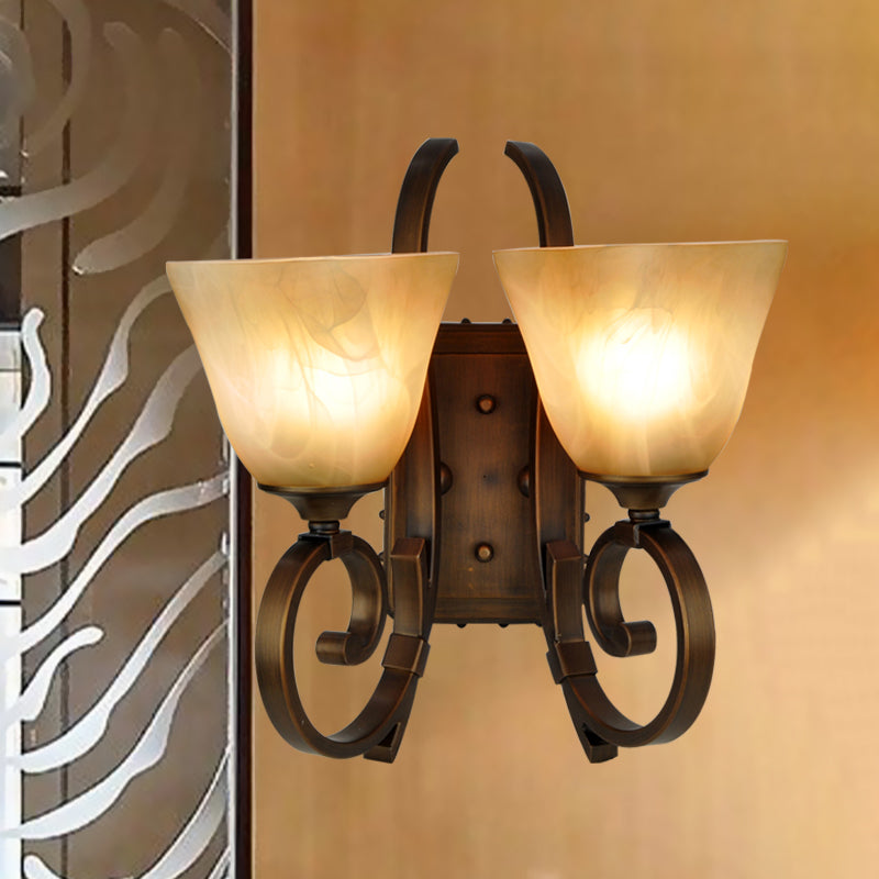 Minimalism Tapered Sconce Lighting 2 Lights Crackled Glass Wall Lamp Fixture with Scrolled Arm in Bronze