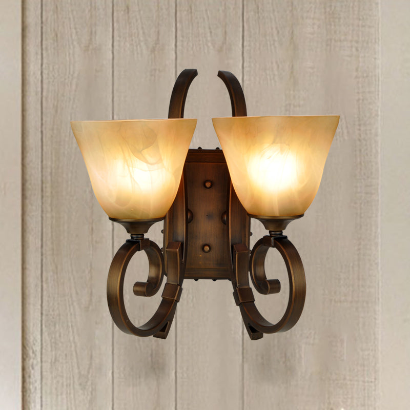 Minimalism Tapered Sconce Lighting 2 Lights Crackled Glass Wall Lamp Fixture with Scrolled Arm in Bronze