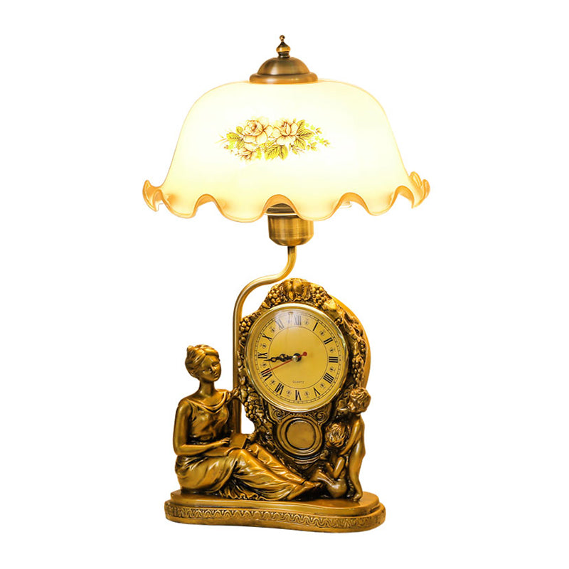 Brass 1 Head Scalloped Table Lamp Vintage Opaline Glass Bowl Reading Book Light with Clock and Woman Deco
