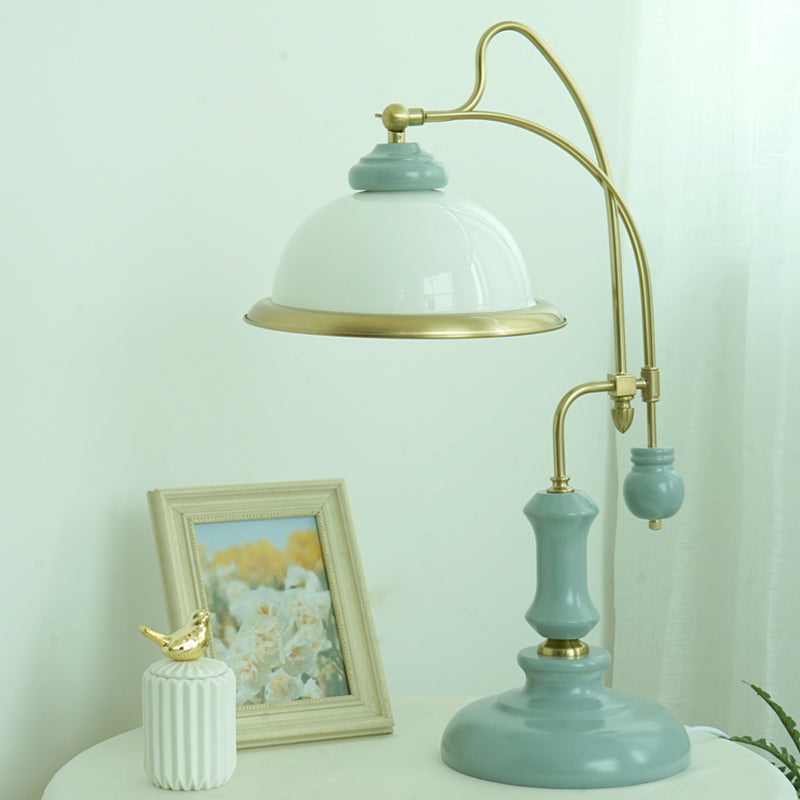 Lampada da lettura vintage a forma di ciotola Illuminazione da comodino in vetro smerigliato a 1 luce con braccio curvo in blu