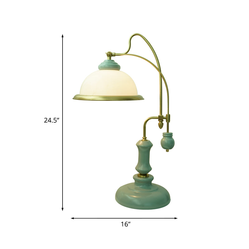 Lampada da lettura vintage a forma di ciotola Illuminazione da comodino in vetro smerigliato a 1 luce con braccio curvo in blu