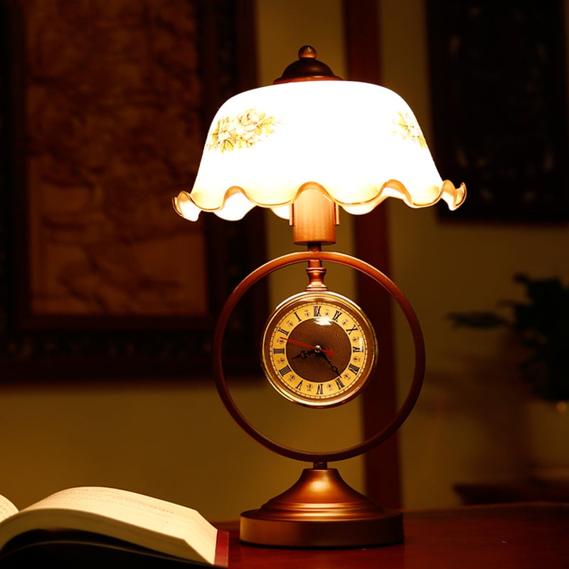 Roest 1 kop geplooide tafel licht vintage opaline glazen koepel leesboeklamp met ring en klok