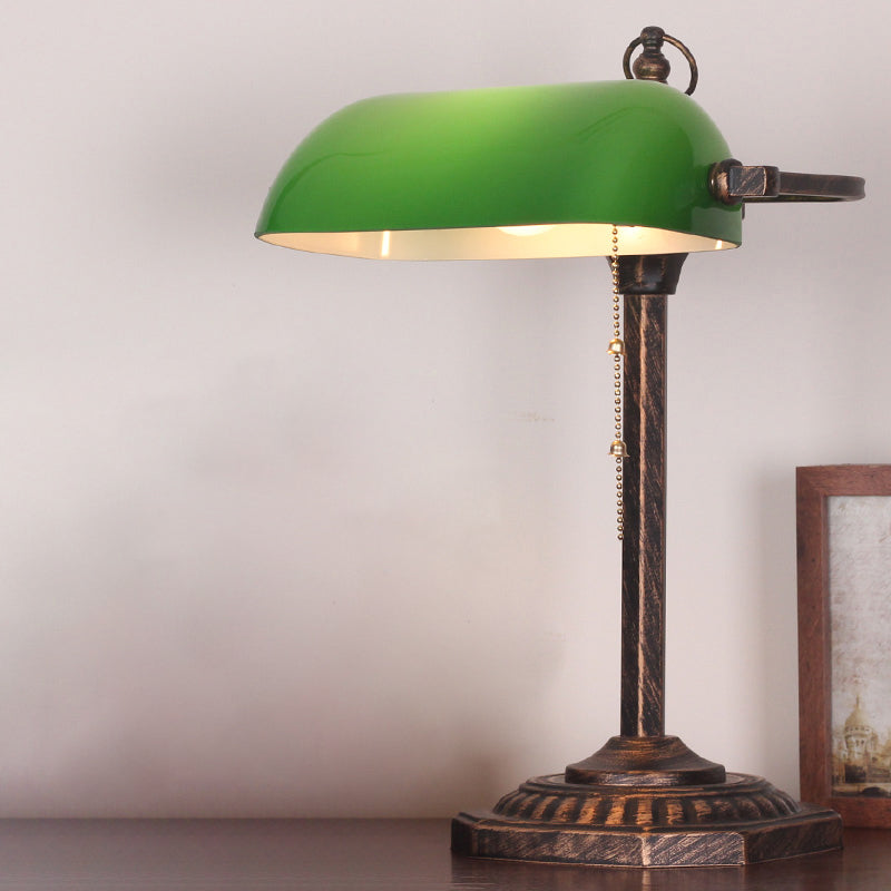 Bronze Rectangle Nightstand Light Traditional Green Glass 1 Bulb Bedroom Reading Book Lamp with Pull Chain