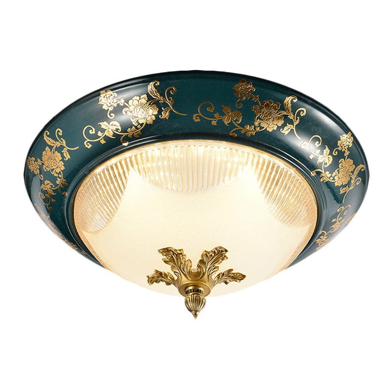 Classic Round Shape Massimale Fixture 3 - Head Ribbed Frosted Glass Flush Mount con Bloom Pattern in Green