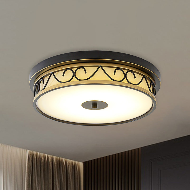LED Drum Flush Mount Lamp Traditional Black Frosted Glass Ceiling Mounted Light for Living Room