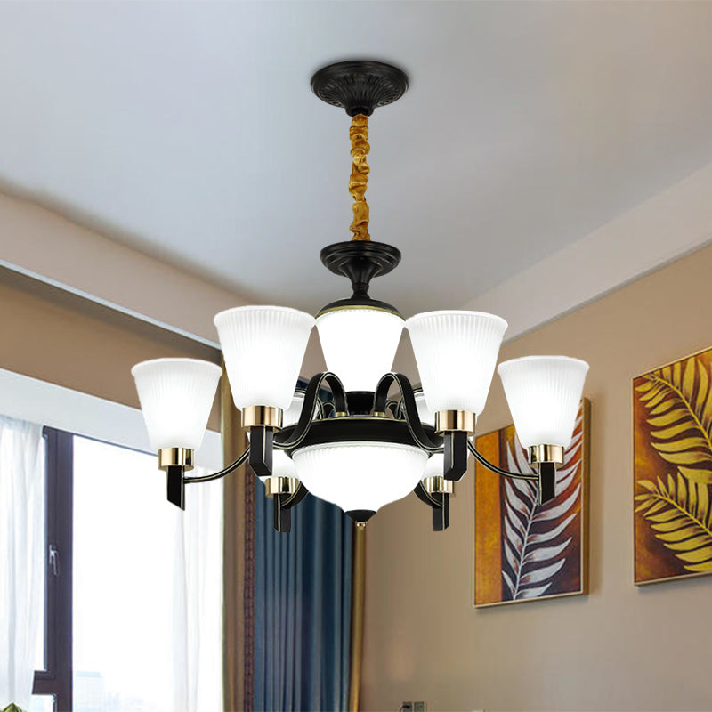 6/8 têtes Conical Chandelier Light Traditional Black Opal Verre suspendue suspendue avec bras incurvé