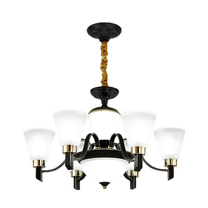 6/8 têtes Conical Chandelier Light Traditional Black Opal Verre suspendue suspendue avec bras incurvé