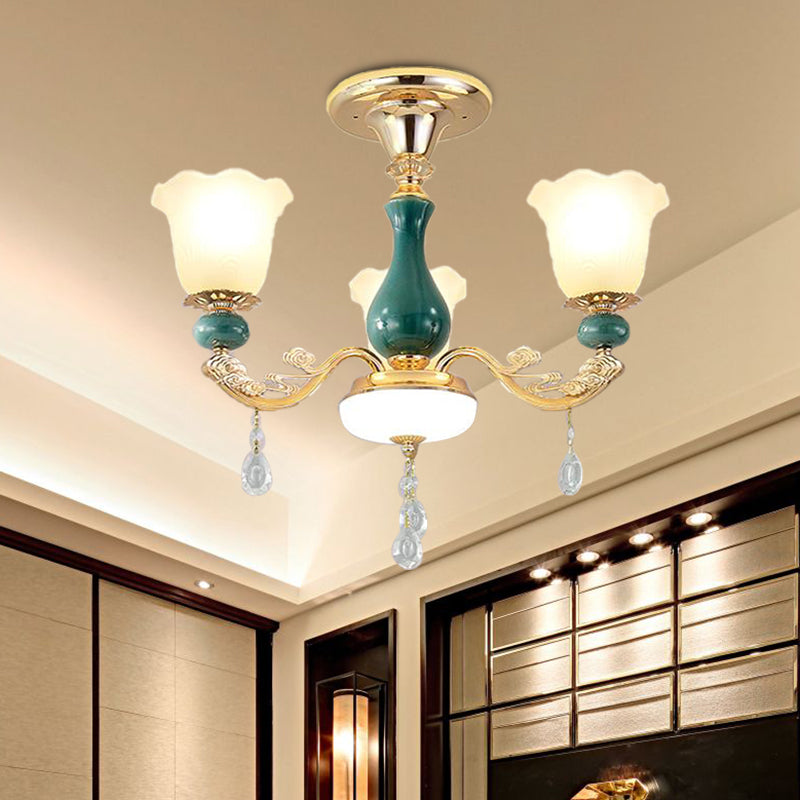 3/6 bulbes de suspension lampe à fleurs classiques en verre opal en verre pendant en verre avec un bras à baldarie en vert pour le salon