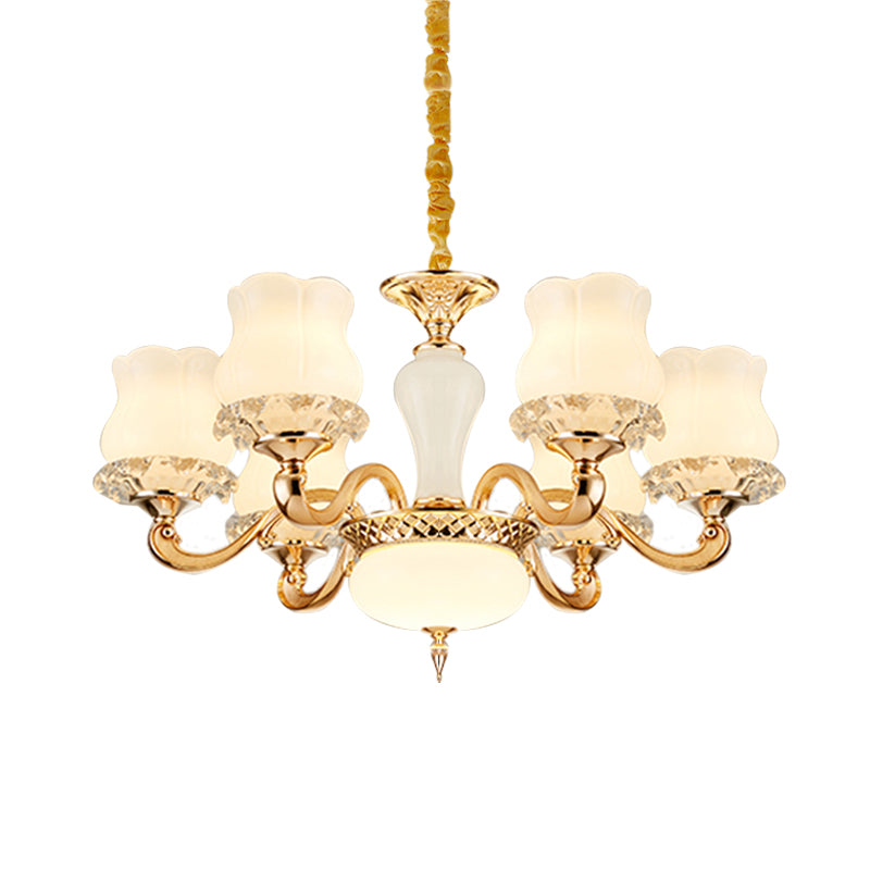 Lámpara de suspensión de flores vintage 6/8 luces luminosos de lámpara de vidrio lechoso con brazo en oro para dormitorio