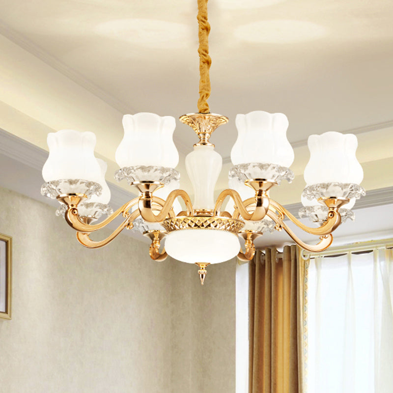 Lámpara de suspensión de flores vintage 6/8 luces luminosos de lámpara de vidrio lechoso con brazo en oro para dormitorio