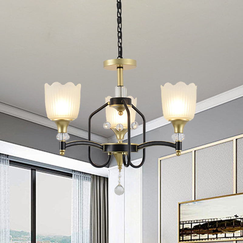 Opaalglas geschulpte suspensieverlichtingsarmatuur traditionele 3/6-head slaapkamer kroonluchter licht in zwart en goud