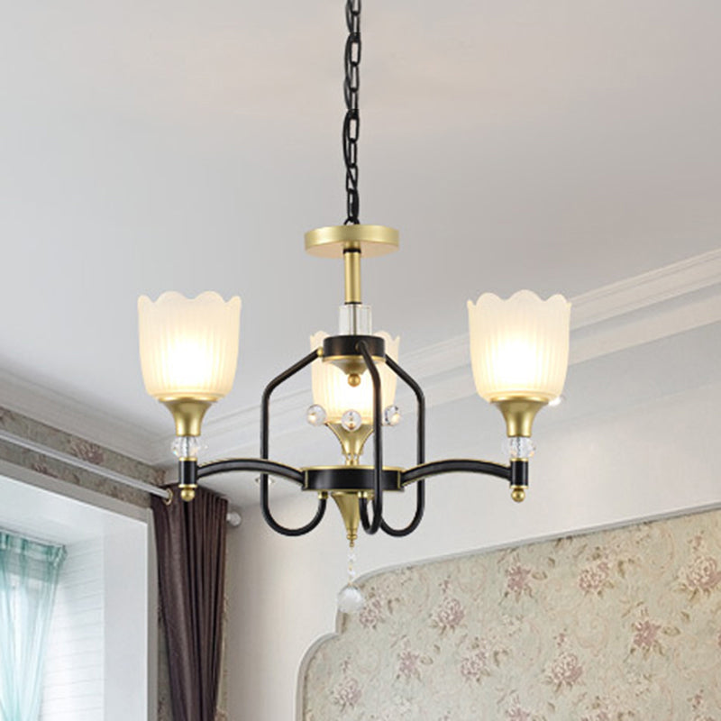 Opal Glass Scalloped Suspension Lighting Fixture Traditional 3/6-Head Bedroom Chandelier Light in Black and Gold