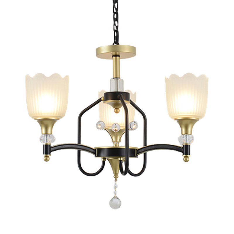 Opal Glass Scalloped Suspension Lighting Fixture Traditional 3/6-Head Bedroom Chandelier Light in Black and Gold