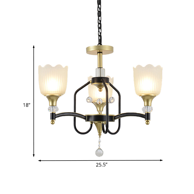 Opal Glass Scalloped Suspension Lighting Fixture Traditional 3/6-Head Bedroom Chandelier Light in Black and Gold